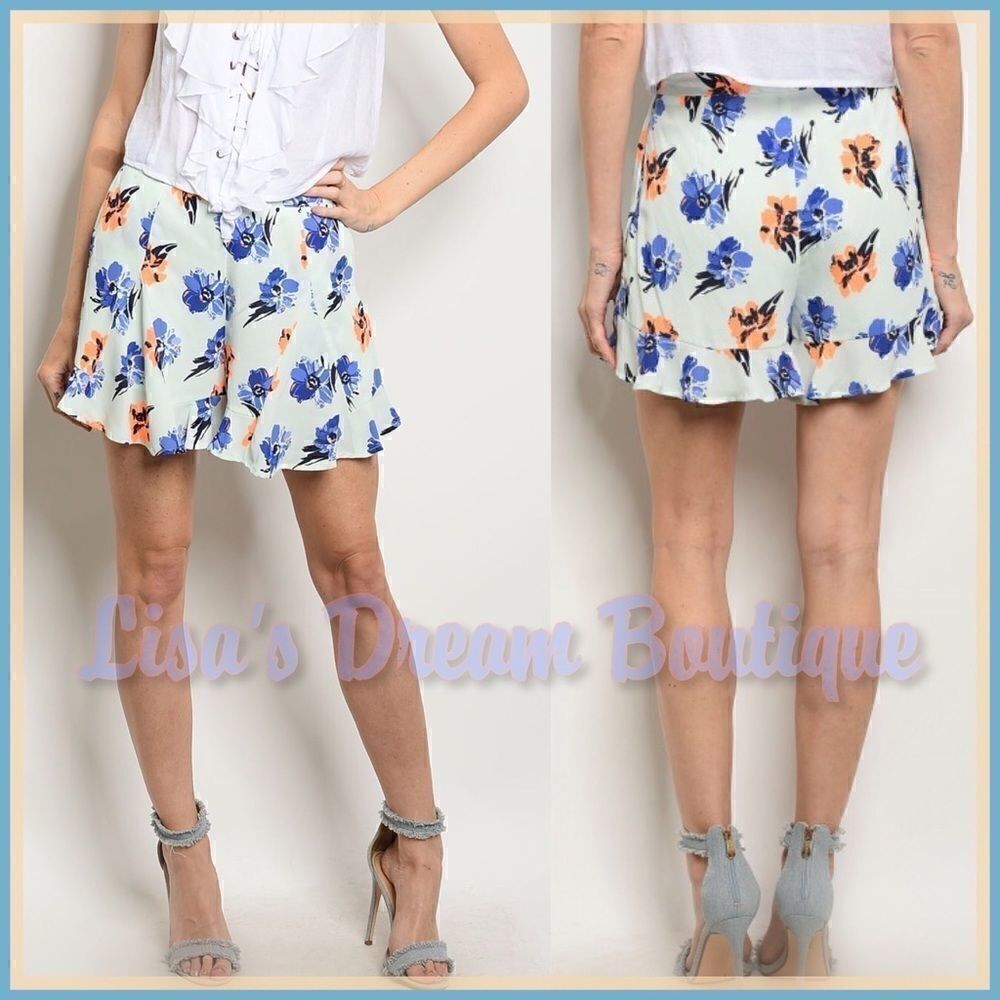Final Sale | Pale Blue Floral Lined Ruffled Hem Pleated Shorts